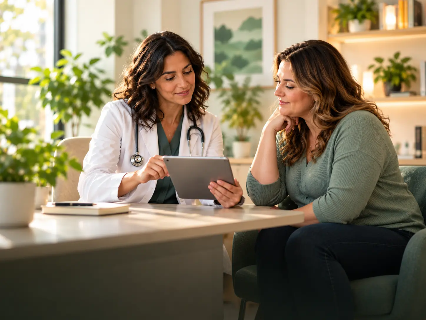 Clinician reviewing a GLP-1 weight management plan with a patient