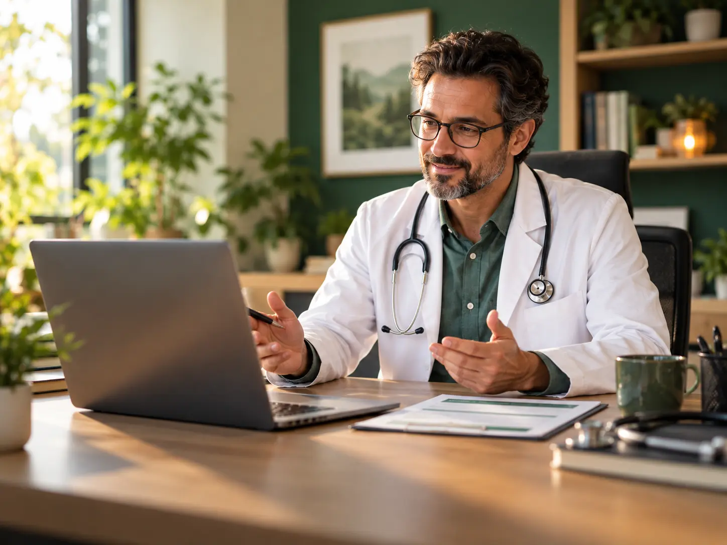 Licensed clinician on a medical marijuana telehealth visit in a plant-filled office