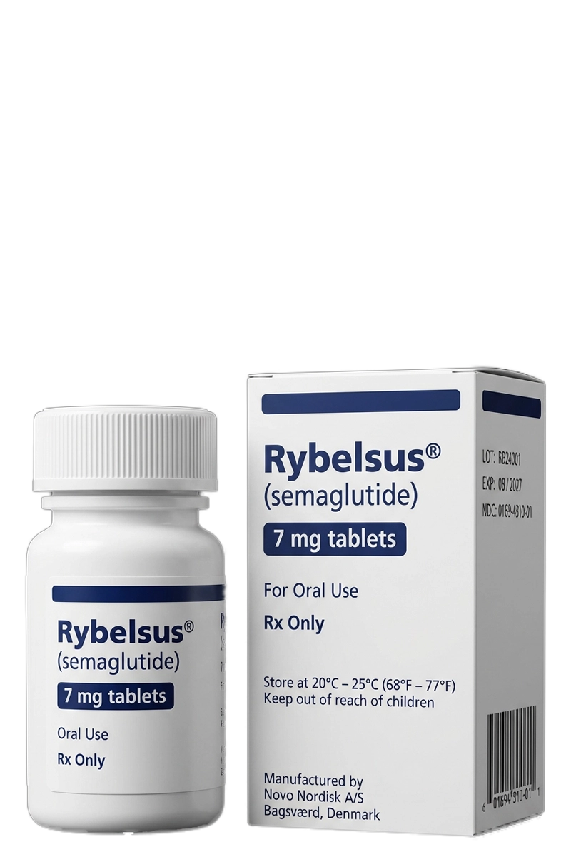 rybelsus semaglutide 7 mg tablets bottle with medication box for type 2 diabetes treatment